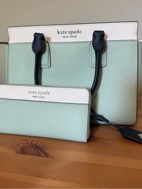 Kate Spade Cameron satchel purse and wallet set in mint navy